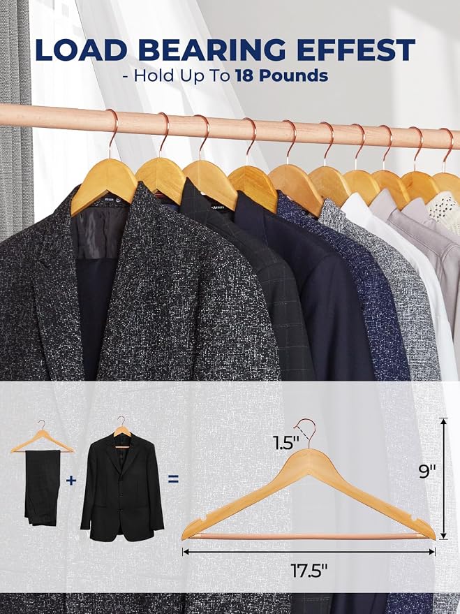 Smartor Wooden Hangers 20 Pack, Solid Wood Coat Hanger for Closet, Heavy Duty Wood Hangers for Suits, Shirts, Dresses, with 360° Rose Gold Hook, Non Slip Pant Bar, Natural - Image 4