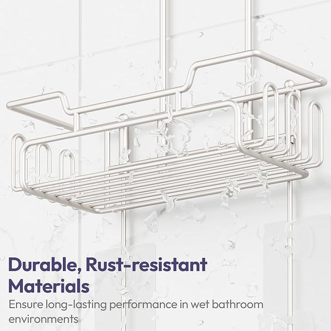 SWTYMIKI Bathroom Shower Caddy Hanging - Extended Length 2 Tier Rustproof Over Shower Head Organizer, No Drilling Bathroom Shelf with 14 Hooks & Soap Holder, Anti-Swing Rack, Sand Nickel - Image 6