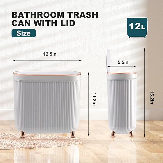 Supteron Bathroom Trash Can with Lid 3.2 Gallon Narrow Trash Can Small Plastic Trash Bin 12 Liter Rectangular Plastic Garbage Can with Press Type Lid for Bedroom Bathroom Milk White - Image 2