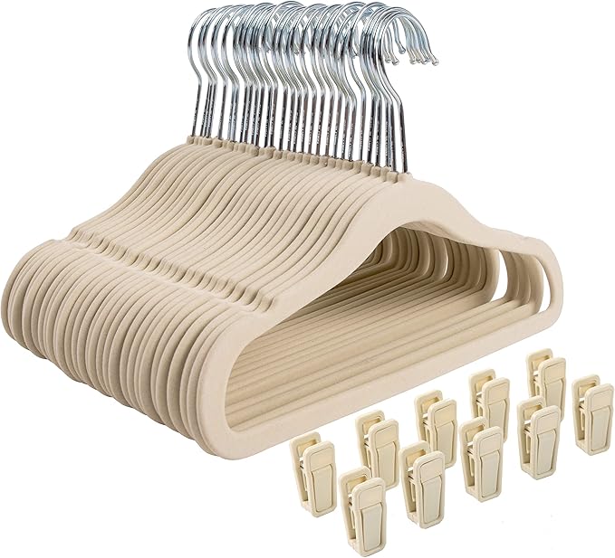 Finnhomy Non-Slip Clothes Hanger for Baby and Kids 30-Pack Velvet Hangers with 10 Finger Clips,Beige by Finnhomy