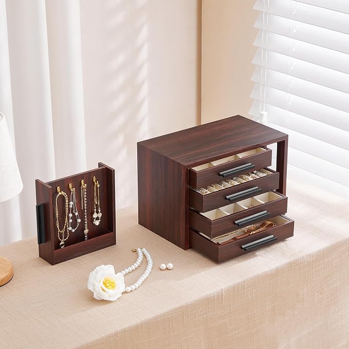 HOOBRO Jewelry Box for Women, Wooden Jewelry Organizer with Transparent Window, 4-Layer Jewelry Organizer Box, Jewelry Holder Organizer for Earrings, Necklaces, Rings, Dark Walnut and Black BRT09JB04 - Image 3