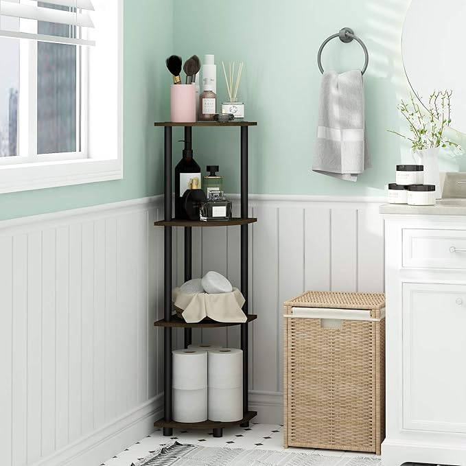 Furinno TURN-N-TUBE Corner Shelf, 4-Tier Corner Bookshelf, Display Storage Shelves with Open Shelves, for Organization and Storage, Living Room, Home Office, Garage, Dark Brown Grain - Image 2