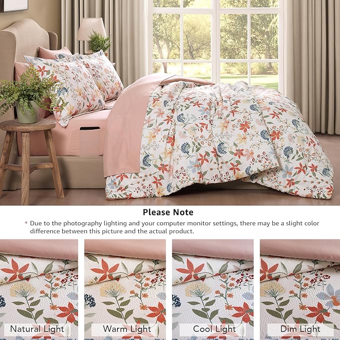 CASAAGUSTO King Comforter Set, 7 PCS Clay Pink Floral Comforter Set with Flowers Leaves Pattern, Soft Seersucker Design All Season King Size Bedding Set(102"X90")