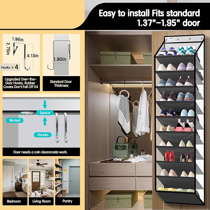 Kotkn 10 Tier Hanging Shoe Rack - Heavy Duty Behind The Door Hanging Shoe Rack, Sturdy Oxford Cloth, 20+ Pairs Over The Door Shoe Cabinet for Boots and Sneakers - Save 50% Closet Space! (Piano White) - Image 5