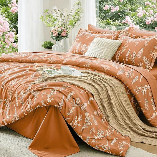 MUXHOMO Burnt Orange Full Comforter Set, Elegant Floral Print Bed in a Bag 7 Pieces, Ultra Soft & Breathable Reversible Botanical Pattern Bedding Set with Comforter, Sheets, Pillowcases, and Shams