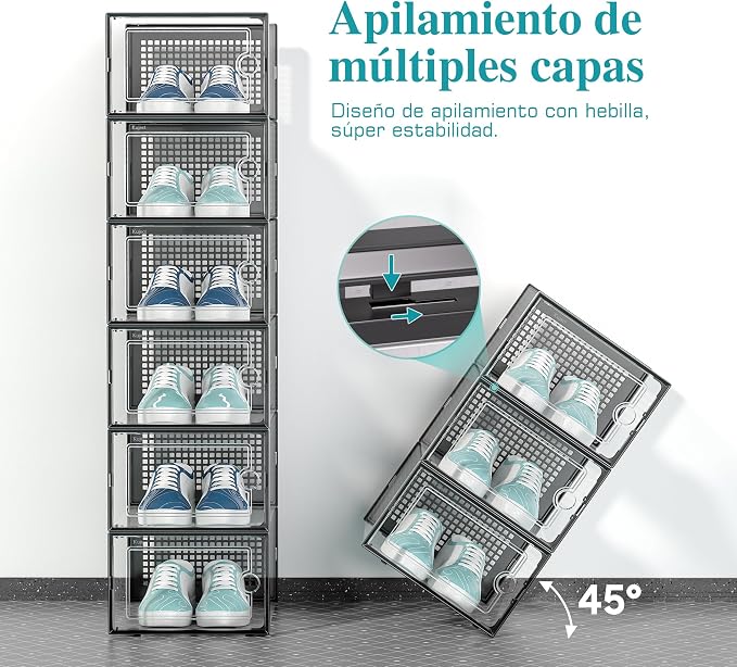Kuject Large Shoe Organizers Storage Boxes for Closet, 12 Pack Clear Plastic Stackable Storage Bins with Lids, Under Bed Shoe Containers for Entryway, Drop Front, Fit up to Women's Size 10,Black - Image 3
