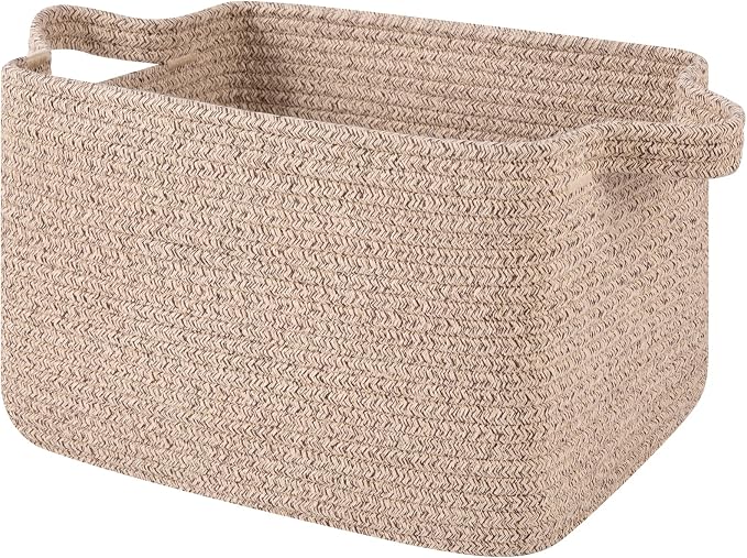 OIAHOMY Woven Storage Basket for Shelves, Rectangle Cotton Rope Baskets for Organizing, 13 x 10 x 9 in, Storage Bins for Dog Toys,Towel,Books,Gift,Brown by MasterofSpaceOptimization