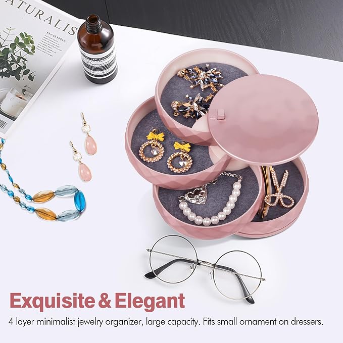 CONBOLA Travel Jewelry Case Box, Small Jewelry Organizer Earring Holder for Women, 5-Layer Rotating Jewelry Storage Tray with Lid for Bracelets Rings Bracelets - Image 5