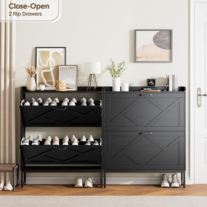 Nicetree Shoe Storage Cabinet with 2 Flip Drawers, Freestanding Shoe Organizer, Shoe Cabinet with Metal Legs, Narrow Shoe Rack Cabinet, Farmhouse Slim Shoe Cabinet for Entryway, Foyer, Hallway, Black - Image 3