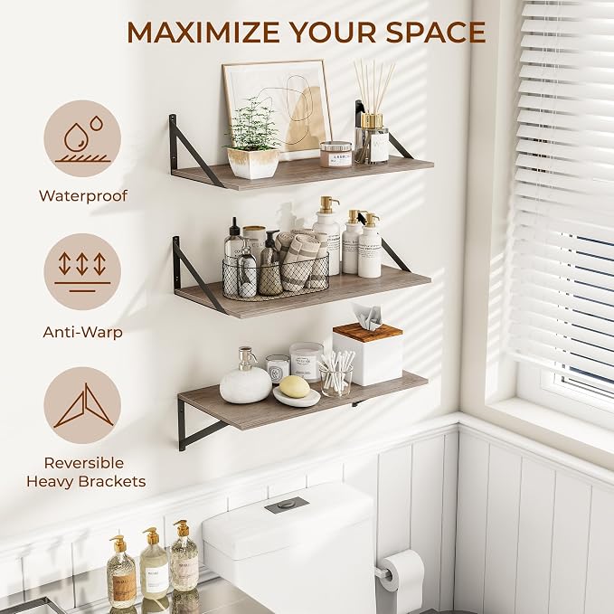 Heimlove 24" W x 12" D Wall Shelves for Books, 12 Inch Deep Floating Shelves Set of 3, Wide Floating Bookshelf with Metal Bracket for Living Room, Kitchen, Office, Bedroom and Decor Storage - Grey - Image 4