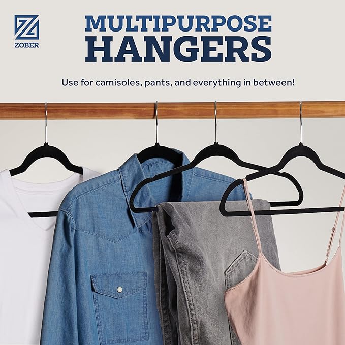 ZOBER Black Velvet Hangers 50 Pack - Clothes Hangers, Coat Hanger for Pants & Dress Clothes - Non Slip w/ 360 Degree Swivel, Holds up to 10 lbs - Strong Felt Hanger for Clothing - Image 6