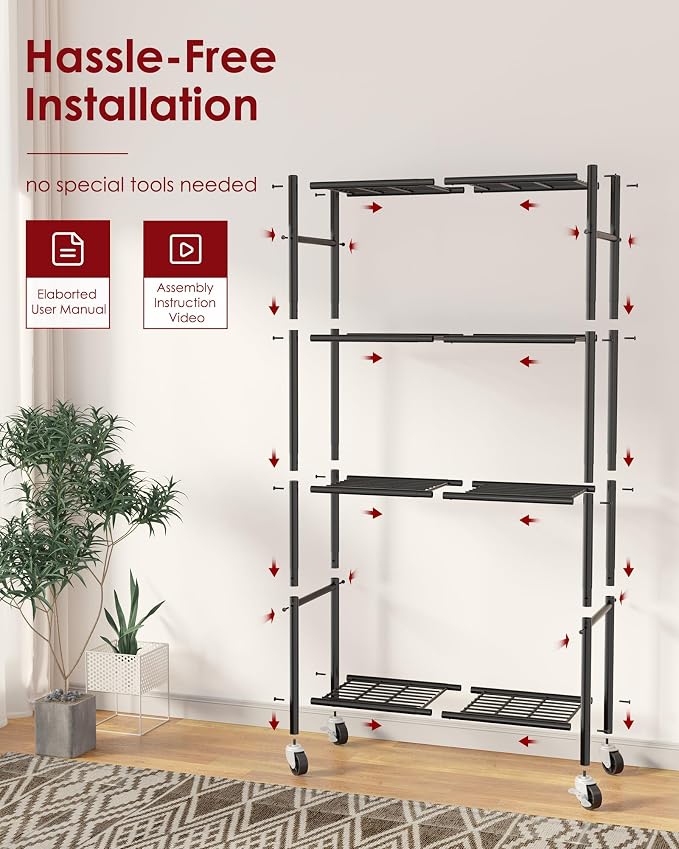 Sakugi Storage Shelves Organizer - 4 Tier Metal Shelf Organizer with Metal Wheels and Adjustable Leveling Feet, Heavy Duty Garage Shelving for Kitchen, Pantry and Closet, 33.1"x12.6"x58.9", Black - Image 9