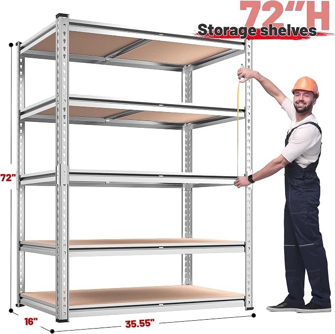 REIBII 2020LBS Garage Shelving Heavy Duty 5 Tier Storage Shelves Adjustable Metal Shelving for Basement, Warehouse, Pantry, Closet, Kitchen, Easy Assembly, 72" H x 35.55" W x 16" D, Galvanized - Image 3
