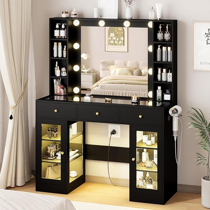 HUANLEGO Black Vanity Desk with Mirror and Lights, Glass Top Vanity with Lighted Mirror & RGB Glass Cabinet and 3 Drawers, Makeup Vanity Desk with Lights Dressing Table for Bedroom, 3 Color Modes