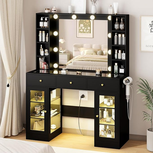 HUANLEGO Black Vanity Desk with Mirror and Lights, Glass Top Vanity with Lighted Mirror & RGB Glass Cabinet and 3 Drawers, Makeup Vanity Desk with Lights Dressing Table for Bedroom, 3 Color Modes