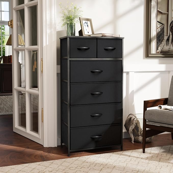 Fabric Dresser for Bedroom, Tall Skinny Dresser with 6 Drawers, Storage Organizer Tower, Steel Frame Wooden Top for Closet, Living Room, Hallway, Nursery(Black) - Image 2