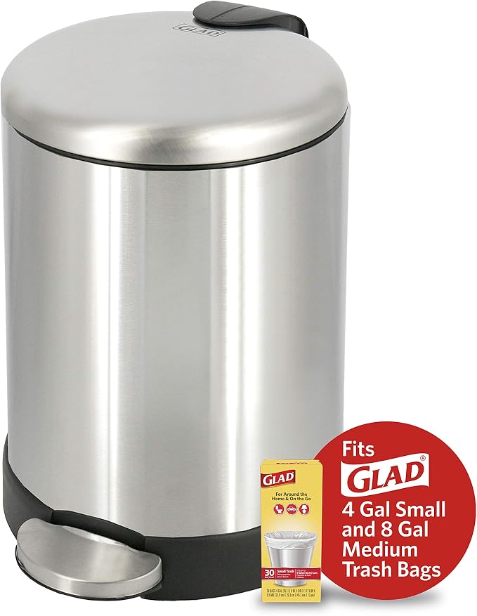 Glad Small Trash Can, 1.2 Gallon | Round Stainless Steel Garbage Bin with Soft Close Lid & Step Foot Pedal | Metal Waste Basket with Removable Inner Bucket, Stainless, 8 x 9.5 x 12 inches - Image 7