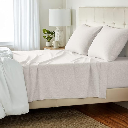 Amazon Basics 4-Piece Soft, Breathable 100% Cotton Jersey Knit Bed Sheet Set with Deep Pockets, Includes Flat and Fitted Sheets, Pillowcase, Queen, Oatmeal, Solid