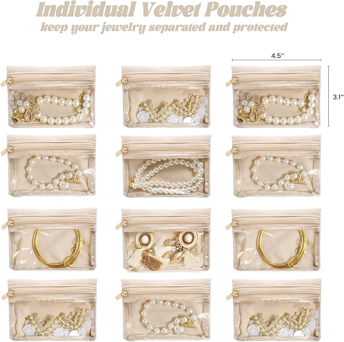 Travel Jewelry Case, Small Travel Jewelry Box with 12 Velvet Jewelry Bag Mini Pouch, Portable Travel Jewelry Organizer for Rings Earrings Necklaces (Beige 12 Pcs) - Image 2