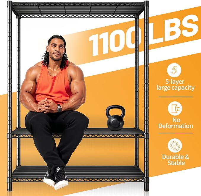 REIBII 72''H Metal shelving 5 Tire Storage Shelves for Garage Shelving Adjustable Wire Shelving Rack Heavy Duty Shelving Unit for Kitchen, Pantry, Laundry Room, Garage, Commercial, 72''H X36''W X14''D - Image 4