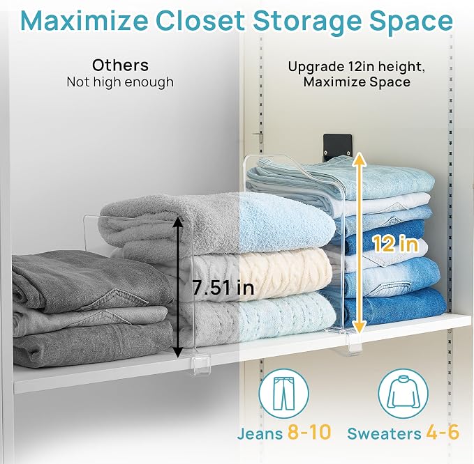 Vtopmart 4 Pack 12in Height Shelf Dividers for Closet Organization, Clear Plastic Closet Shelf Dividers of Upgrade 12in for Maximizing Vertical Space Storage, Organizing Sweater, Jeans, Shirts, Bags - Image 3