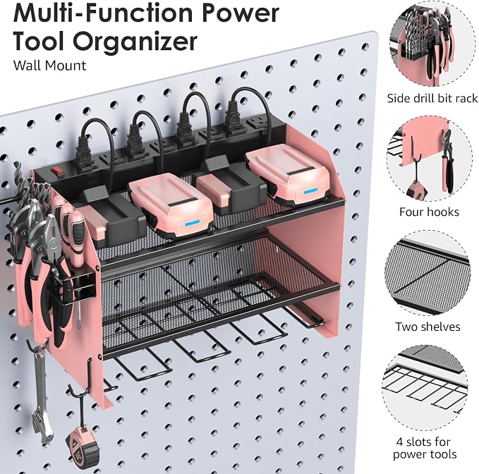 CCCEI Modular Power Tool Organizer Wall Mount with Charging Station. Garage Drill Storage Shelf with Hooks, Heavy Duty Rack, Tool Battery Holder Built in 8 Outlet. Gift for Men. Pink, 1 Pack. - Image 5
