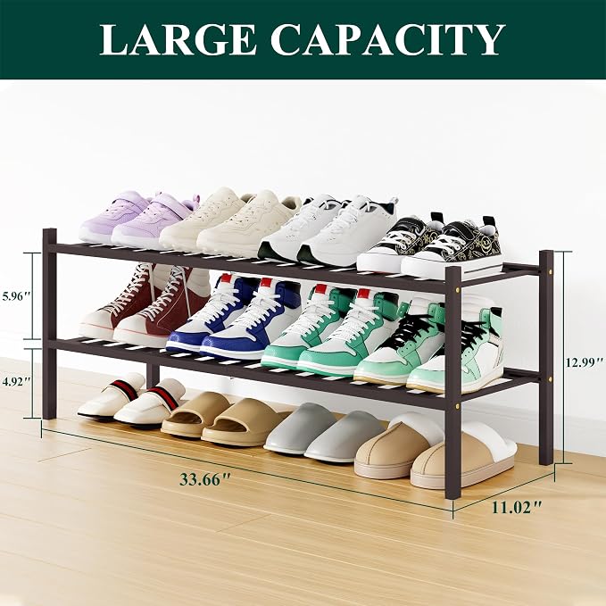 Smiry Shoe Rack, 2 Tier Long Bamboo Shoe Organizer, Stackable Free Standing Wooden Shoe Storage Shelf for Closet, Entryway, Front Door Entrance, Brown - Image 2