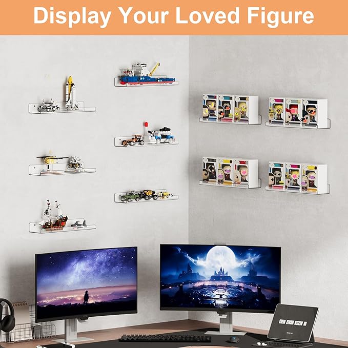 upsimples 12 Pack Acrylic Shelves Wall Organizer and Storage, 15" Display Shelf for Figure, Toy Cars, Perfume, Kids Bookshelf for Bedroom, Nursery, Craft Room, Clear - Image 5
