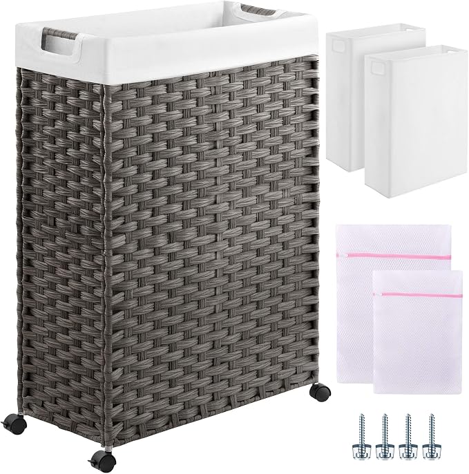 Greenstell Laundry Hamper with Wheels & Handles, 26.4 Gallon (100L) Slim Laundry Basket with 2 Removable Liner Bags & 2 Mesh Bags, Foldable Narrow Clothes Hamper for Bedroom, Bathroom, Closet, Grey by Greenstell