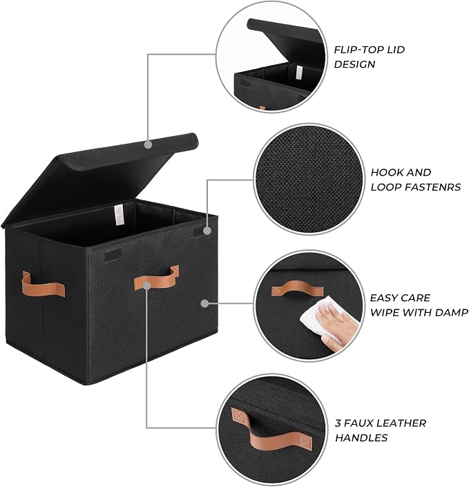 GRANNY SAYS Black Storage Bins with Lids, Decorative Storage Boxes with PU Handles, Linen Closet Organizer, Storage Baskets for Shelves, Fabric Storage Bins for Clothes, Extra Large - Image 4