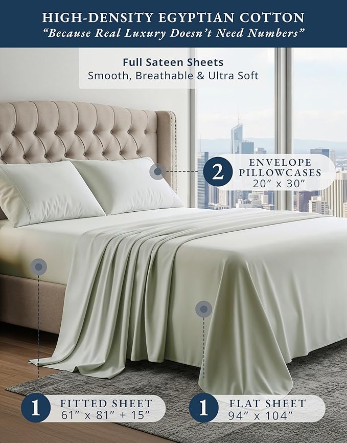 LANE LINEN 100% Egyptian Mercerized Cotton Full Size Bed Sheets Set, Eco Friendly Sustainably Produced No Pill Fade Resistant 15 Iinch Deep Pocket Full Sheets Set - Mineral