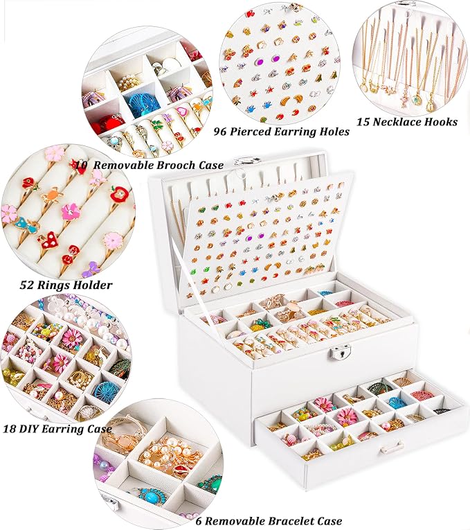 QBestry Earring Jewelry Box for Women Girls Stud Organizers, 5 Layers White Jewelry Organizer Box with Lock Necklaces and Earrings Holder Jewelry Box with Earring Organizer for Women Girls Xmas Gifts - Image 2