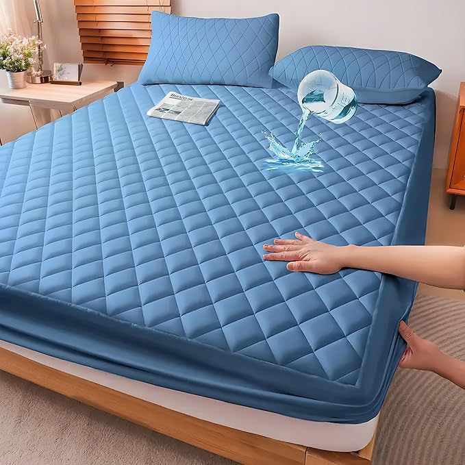 Waterproof Mattress Protector, Queen Size Cooling 3D Air Fabric Bed Pad Cover Noiseless with Deep Pocket 4"-14" Depth, Soft Breathable Dirt-Proof Bed Mattress Cover Washable (Blue, King)