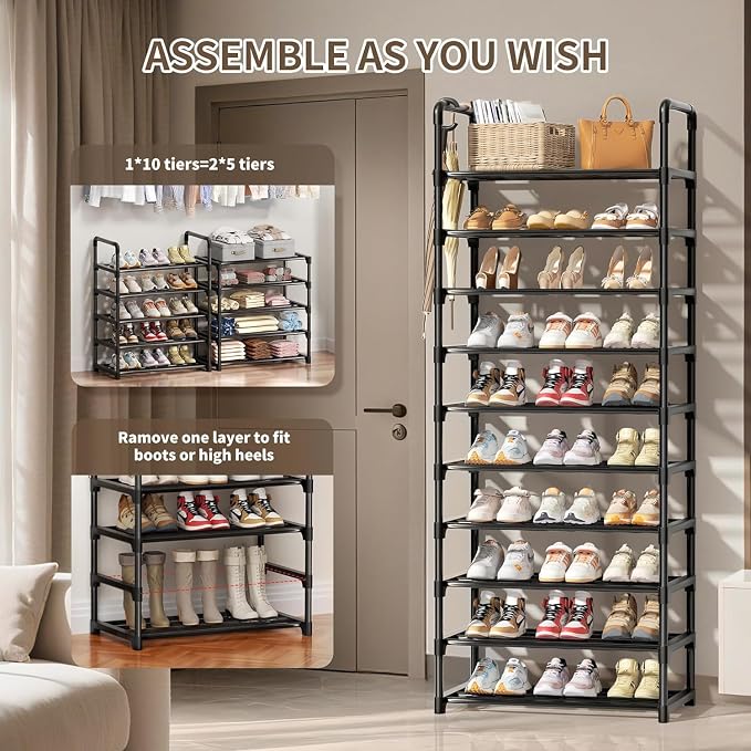 Shoe Rack, 10 Tier Shoe Storage Organizer,Fit 30-35 Pairs Shoes,Metal Tall Shoe Shelf for Closet,Entryway, Hallway,Garage,Bedroom,Cloakroom - Image 5