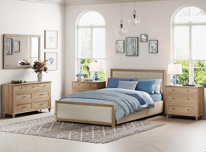 WAMPAT 3 Piece Bedroom Set - Includes Farmhouse 7 Drawer Dresser, Set of 2 Bedside Tables with 3 Drawers, 3 Piece Dresser and Nightstand Sets, Oak