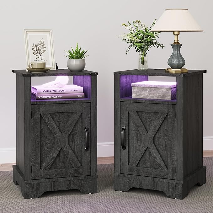 RoyalCraft 25" Tall Nightstands Set of 2, Farmhouse LED Nightstand with Charging Station, Wood End Table with Storage, Bedside Table for Bedroom, Dark Grey