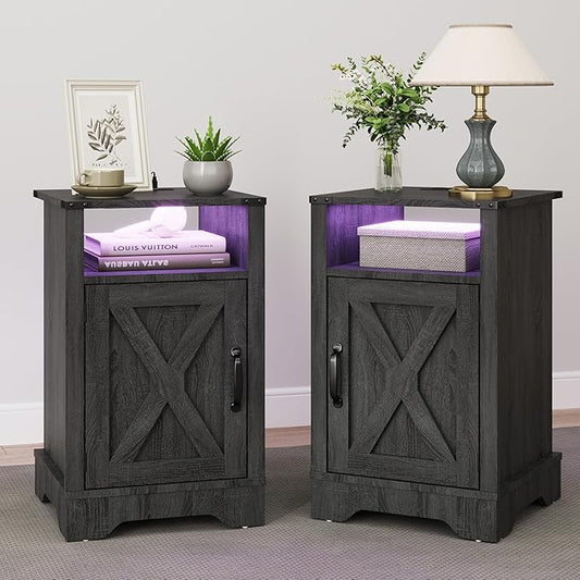 RoyalCraft 25" Tall Nightstands Set of 2, Farmhouse LED Nightstand with Charging Station, Wood End Table with Storage, Bedside Table for Bedroom, Dark Grey