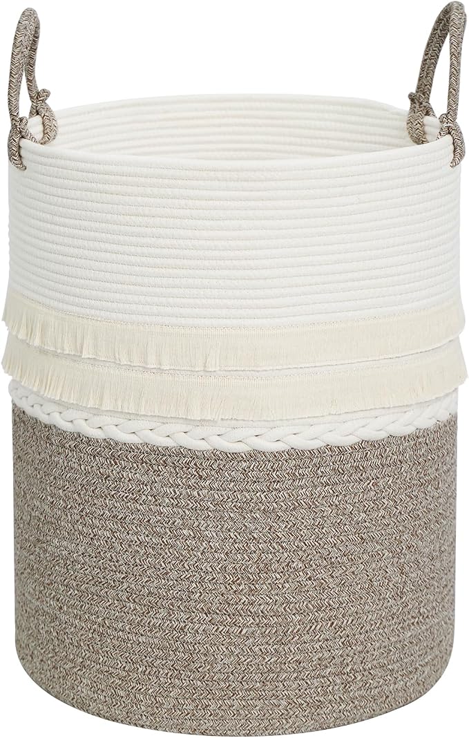 danpinera 79 L Large Laundry Basket, Tall Woven Cotton Storage Hamper with Handles, Dirty Clothes Hamper in Bathroom, Decorative Storage Basket for Living Room White & Brown by danpinera