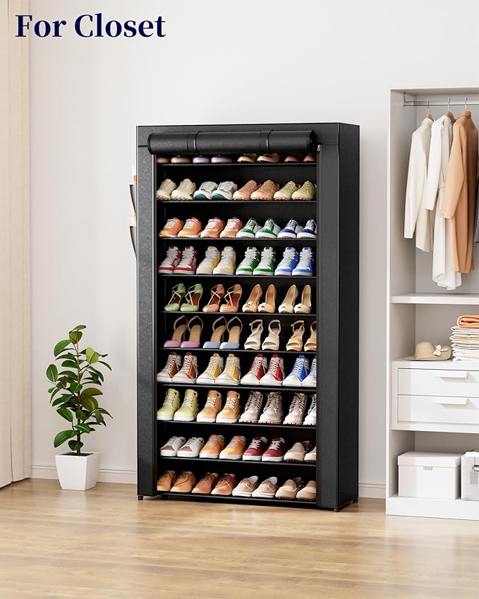 Kitsure Shoe Rack - 10-Tier Shoe Organizer with Zippered Dust Cover & Side Pockets, Easy to Assemble, Space Saving Shoe Rack for Closet, Entryway, Living Room, 33" x 12.4" x 69.3", Black - Image 7