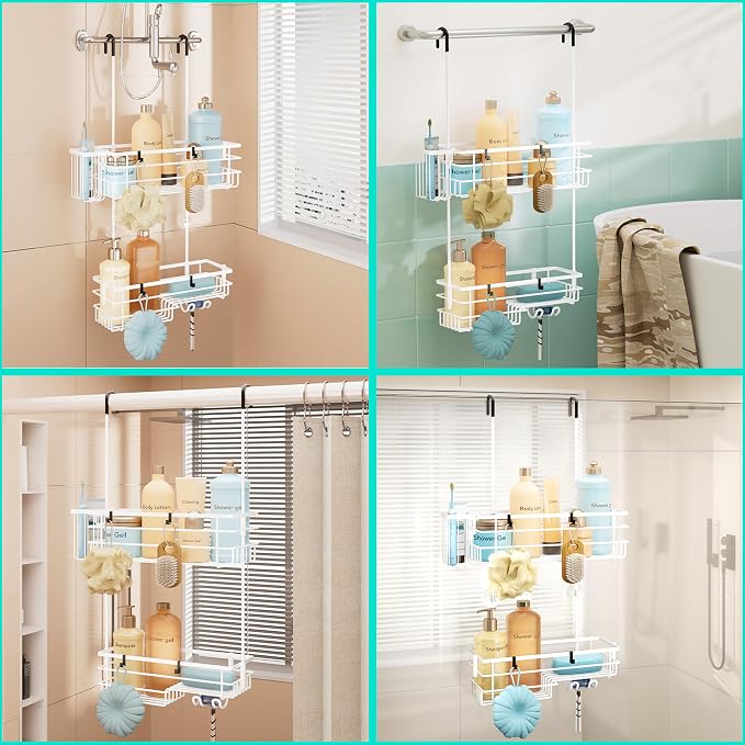 HapiRm Hanging Shower Caddy Organizer - No Drilling Shower Shelves with Hooks and Toothbrush Holder, Rustproof 304 Stainless Steel Bathroom Organizer - White - Image 4