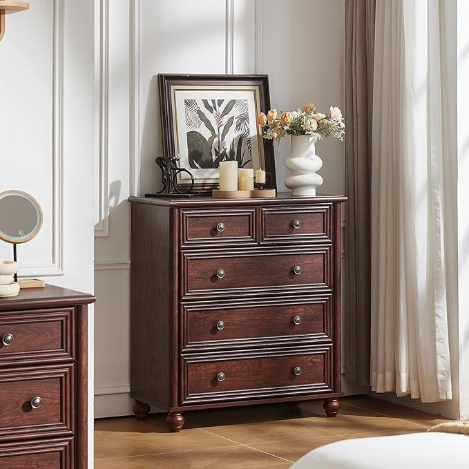 RWYHG Farmhouse 5 Drawer Dresser for Bedroom, 35.5" Walnut Tall Small Dressers & Chest of Drawers, Rustic Wood Dresser with Roman Column, Storage Organizer for Living Room, Hallway, Closet
