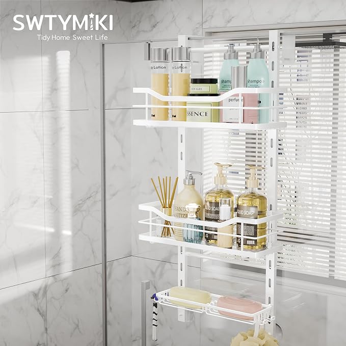 SWTYMIKI Over the Door Shower Caddy - 3 Tier Adjustable Shower Organizer Hanging with Soap Holder, No Drilling Stainless Steel Bathroom Hanging Caddy for Body Wash, Shampoo, Soap, Razor, White - Image 2