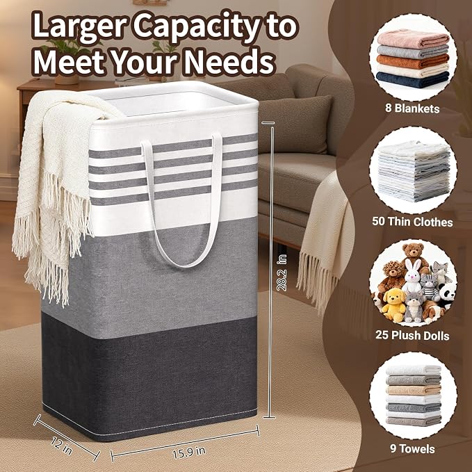 WOWBOX 2 Pack Laundry Baskets, Laundry Hampers, Freestanding Dirty Clothes Hampers with Reinforced Handles & Cross Stitch & Waterproof Coating, for Laundry Bedroom Bathroom Dorm,88L Grey - Image 2