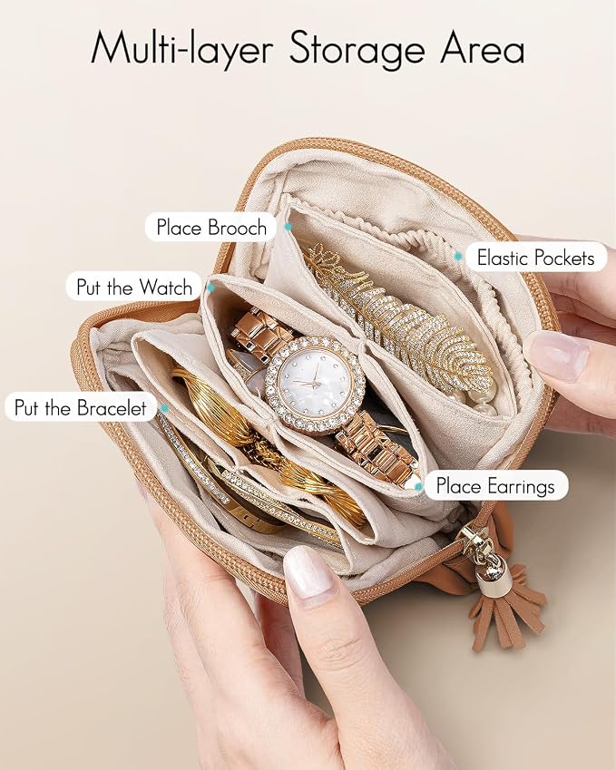 VLANDO Small Travel Jewelry Case,Jewelry Pouch Bags with Zipper,Velvet Jewelry Organizer Storage Bag for Bracelet Rings Earring-Brown - Image 2