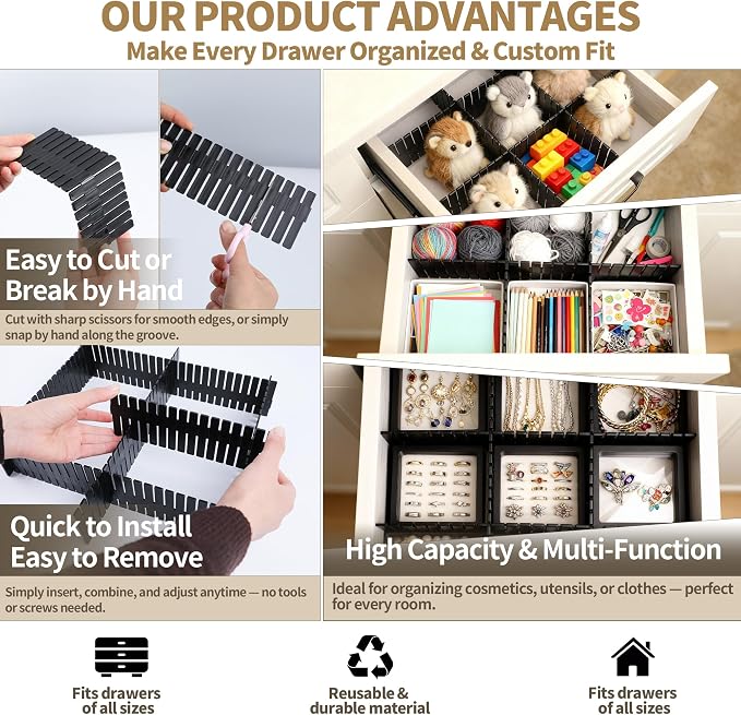 Drawer Divider Adjustable Diy Storage Organizer Separator for Tidying Clutter Cutlery Makeup Clothes of Dresses, Desk & Box in Kitchen Bathroom Bedroom Office (Cut at Will) (Black 8pcs) - Image 5