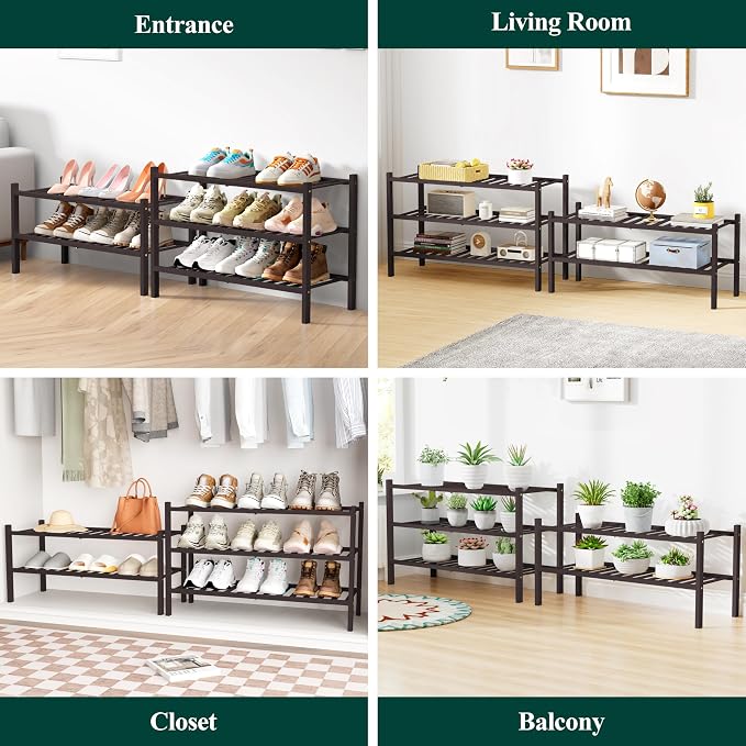 Smiry Bamboo Shoe Rack for Closet, 2 Tier Wooden Stackable Shoe Organizer, Free Standing Shoes Storage Shelf for Entryway, Front Door Entrance, Brown - Image 7