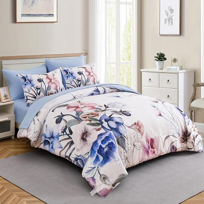 Luxudecor Floral Comforter Set Queen Size 7 Piece, Blue Flower Bed in a Bag, Elegant Floral Comforter with Sheet Set, Soft Microfiber Bedding Set for All Season (Blue, 90"x90")