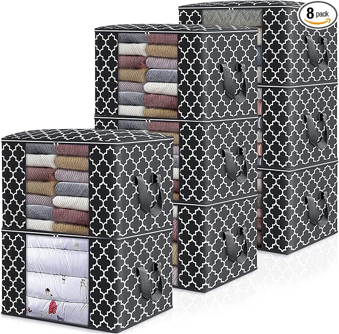 WISELIFE Storage Bags 100L 8-Pack Large Blanket Clothes Organization and Storage Containers for Bedding, Comforters, Foldable Organizer with Reinforced Handle, Clear Window, Sturdy Zippers, Black