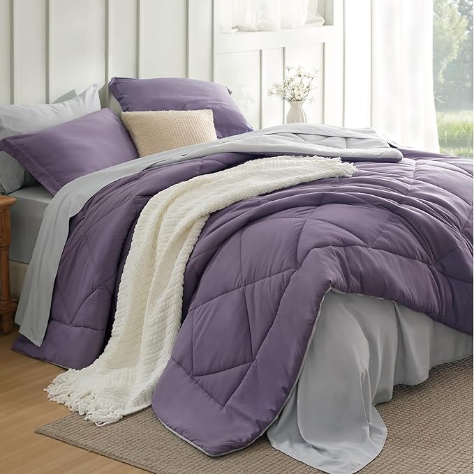 Bedsure King Size Comforter Set - 7 Pieces Reversible Grayish Purple Bedding, King Size Bed Set for All Seasons, Bed in a Bag with Down Alternative Comforter, Sheets, Pillowcases & Shams