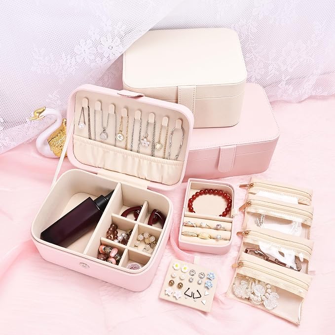 2 Layer Portable Jewelry Box, Large Jewelry Travel Case with 4 Jewelry Pouches, Medium Size Jewelry Organizer Box for Earrings, Necklaces, Bracelets (light pink) - Image 7